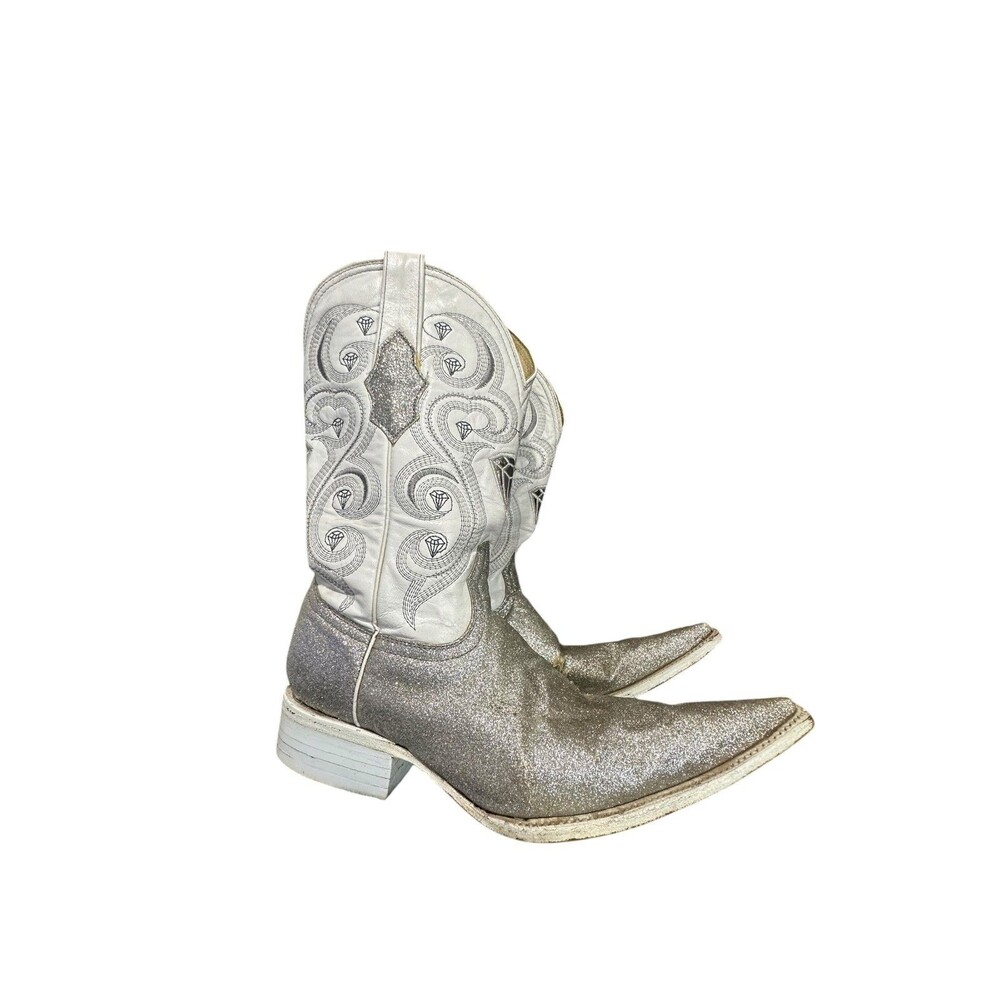 White Diamonds White Leather Cowboy Boots Pointed Toe Men Size 6.5 Distressed